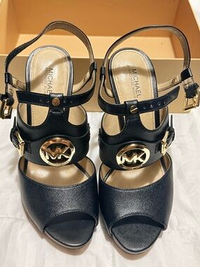MICHAEL Michael Kors Black Leather Gold-Logo Peep Toe Heels